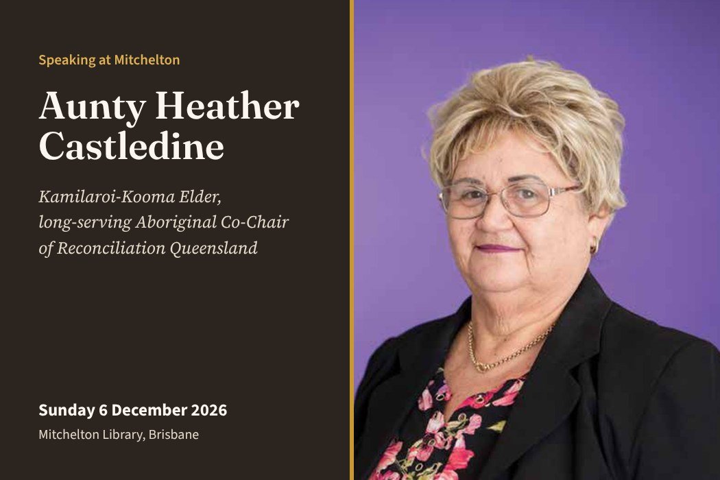Aunty Heather Castledine, Kamilaroi-Kooma Elder, in a portrait against a violet background, beside the words: Speaking at Mitchelton, Sunday 6 December 2026.