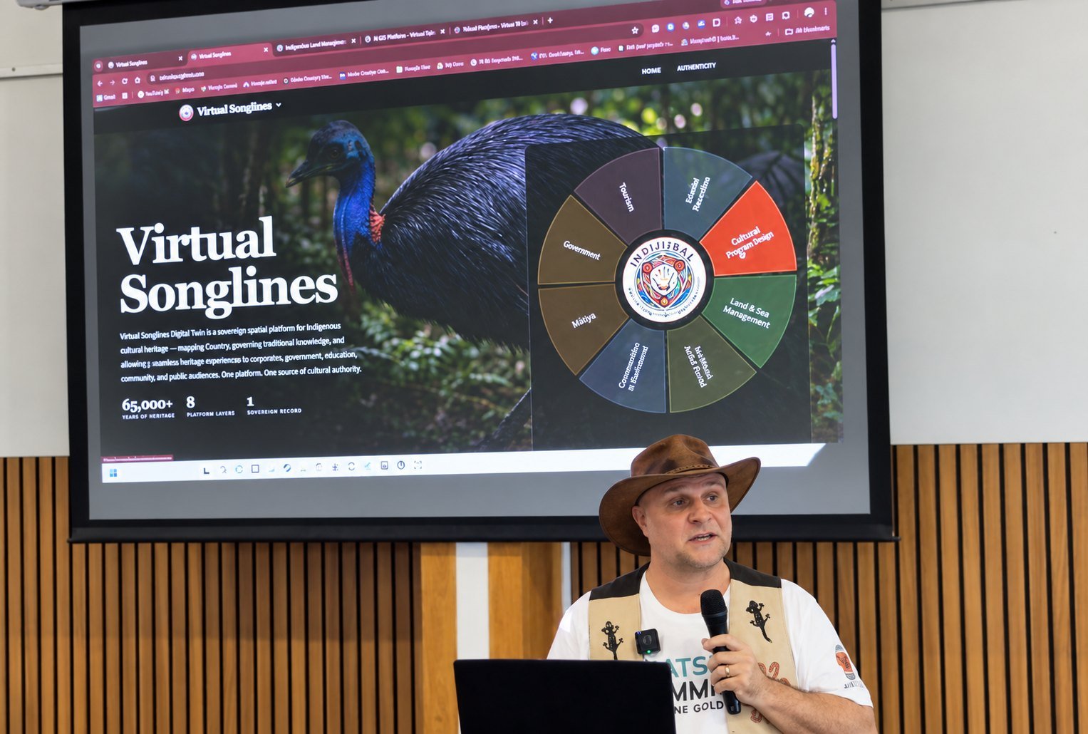 Brett Leavy, in a brown hat, speaks into a microphone at Mitchelton Library beneath a projected Virtual Songlines screen.